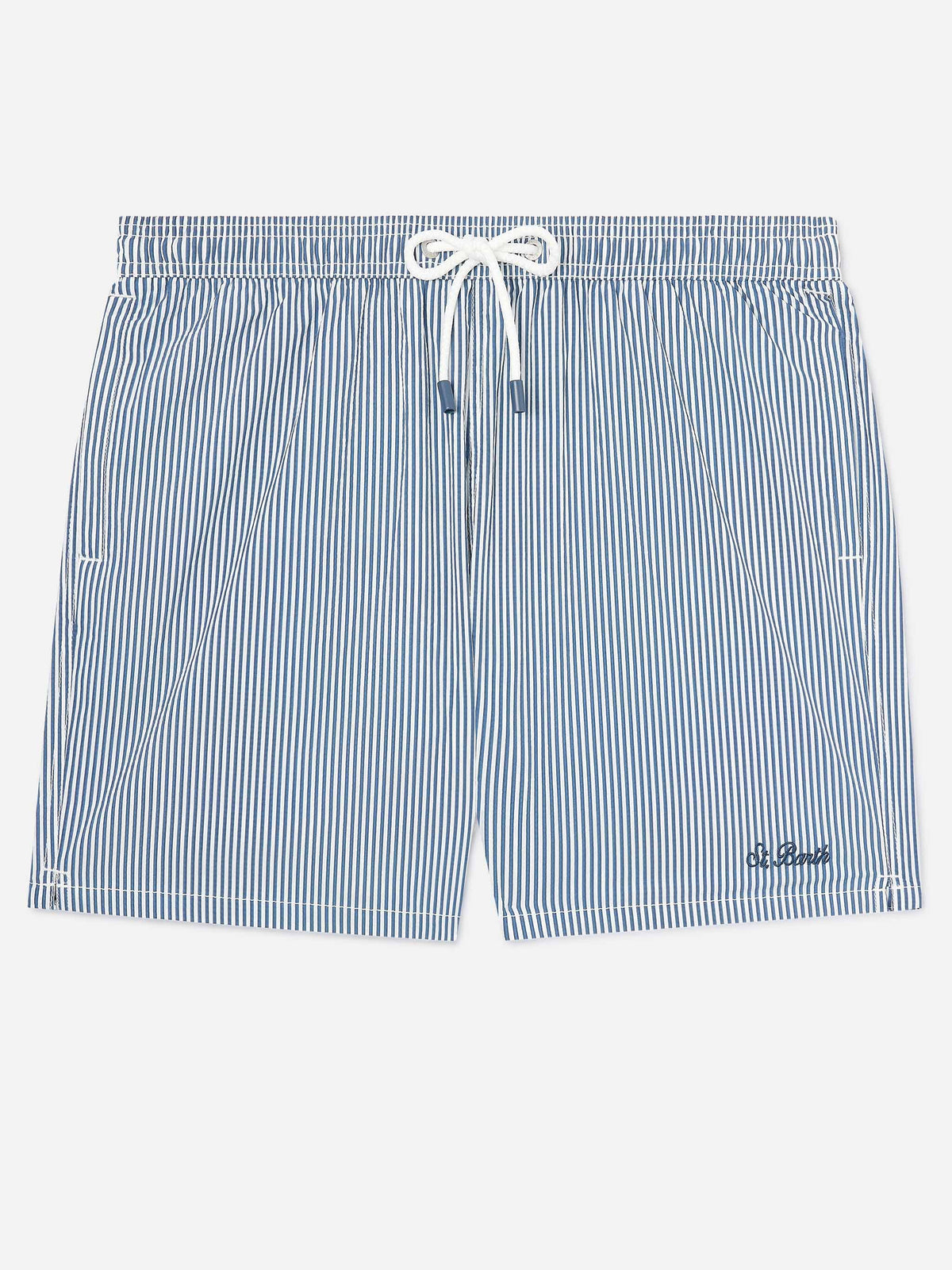 Patmos seersucker striped swim shorts in navy blue and white