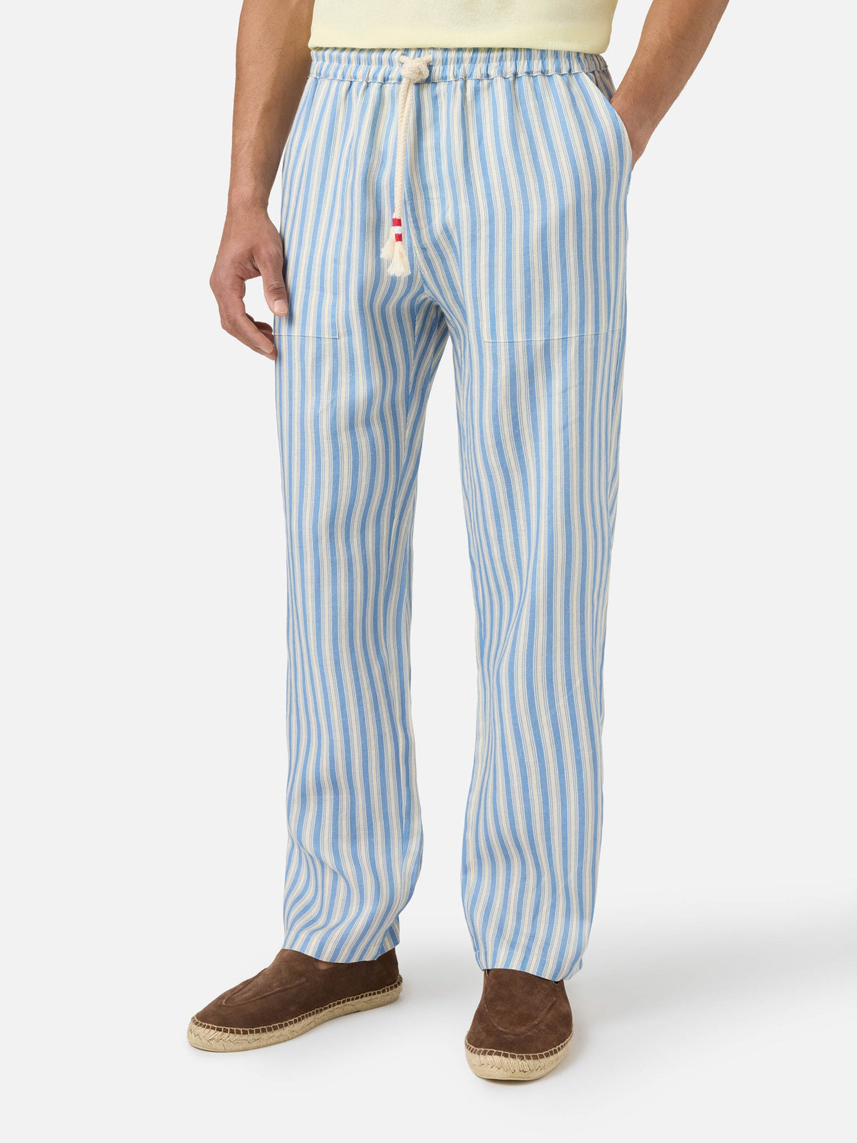 Calais long linen pants with cream and light blue stripes