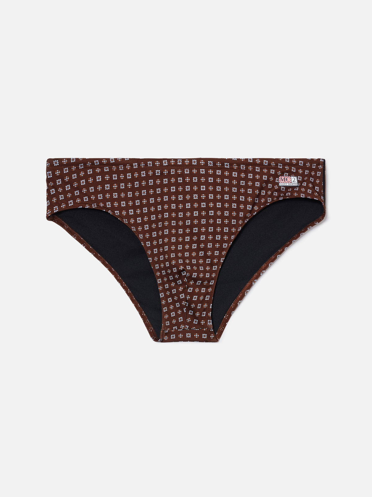 Cayo brown solid swim briefs with geometric print