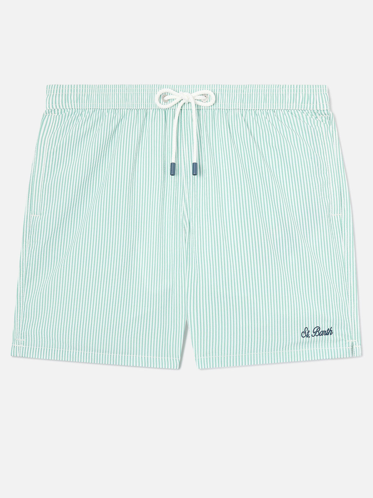 Patmos seersucker striped swim shorts in sage green and white