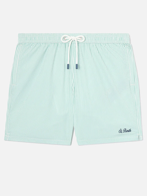 Patmos seersucker striped swim shorts in sage green and white