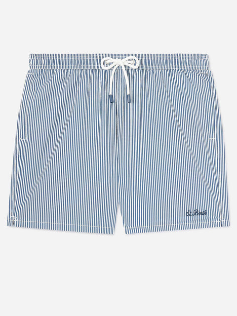 Patmos seersucker striped swim shorts in navy blue and white