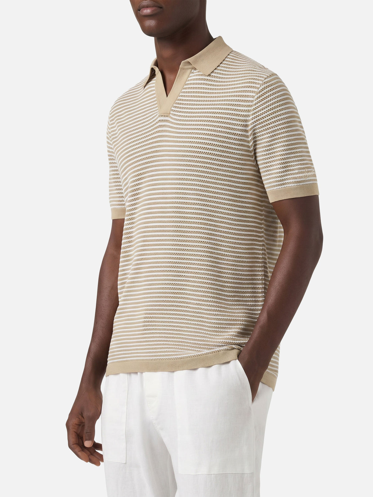 Sloan striped polo in premium high-twist cotton with beige stripes