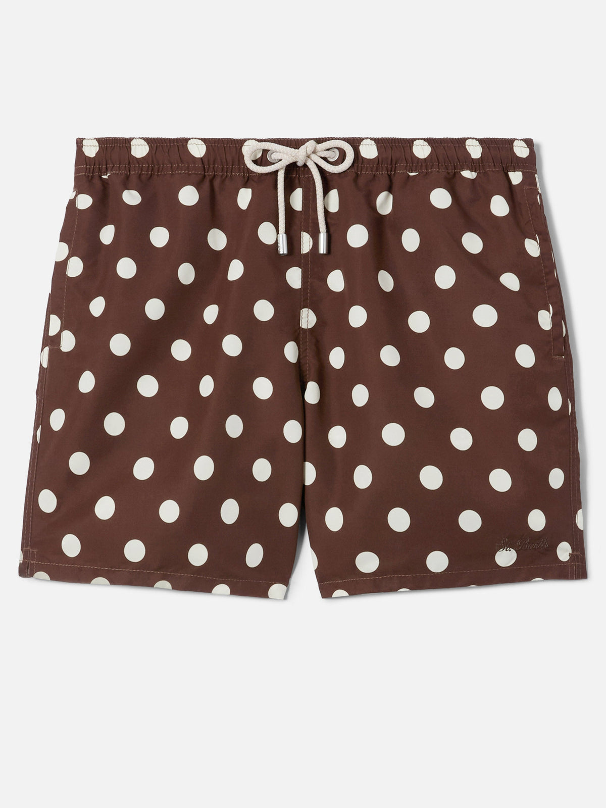 Syros swim shorts in brown with polka dot embroidery