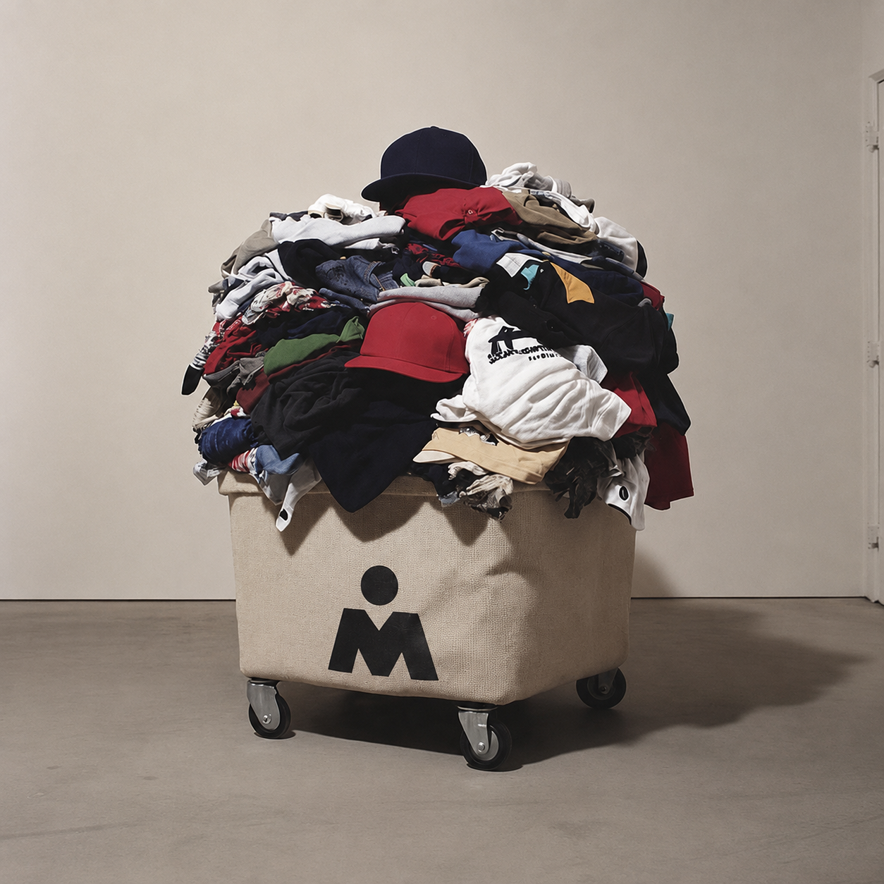 rolling canvas bin overflowing with secondhand clothes